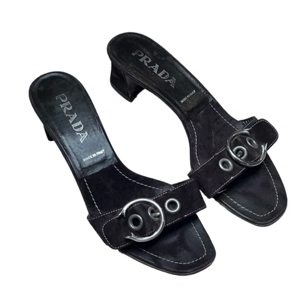 Prada Low Block Heel Buckle Strap Slide On Suede Leather Sandal - Picture 2 of 15